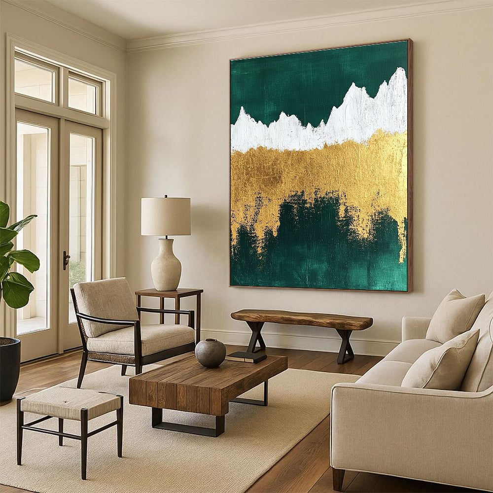 Abstract painting featuring metallic gold foil texture with emerald green background and white mountain silhouette for a striking visual impact.STSC067