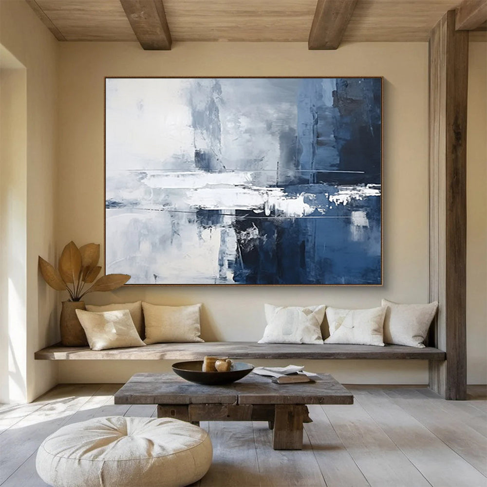 Blue and White Textured Abstract Cityscape - like Painting THY102