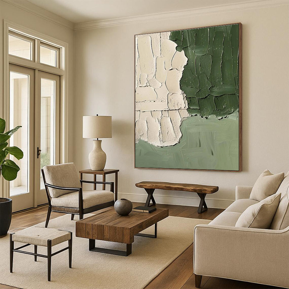 Beige and Green Textured Abstract Painting with Thick Brushstrokes ADGE501