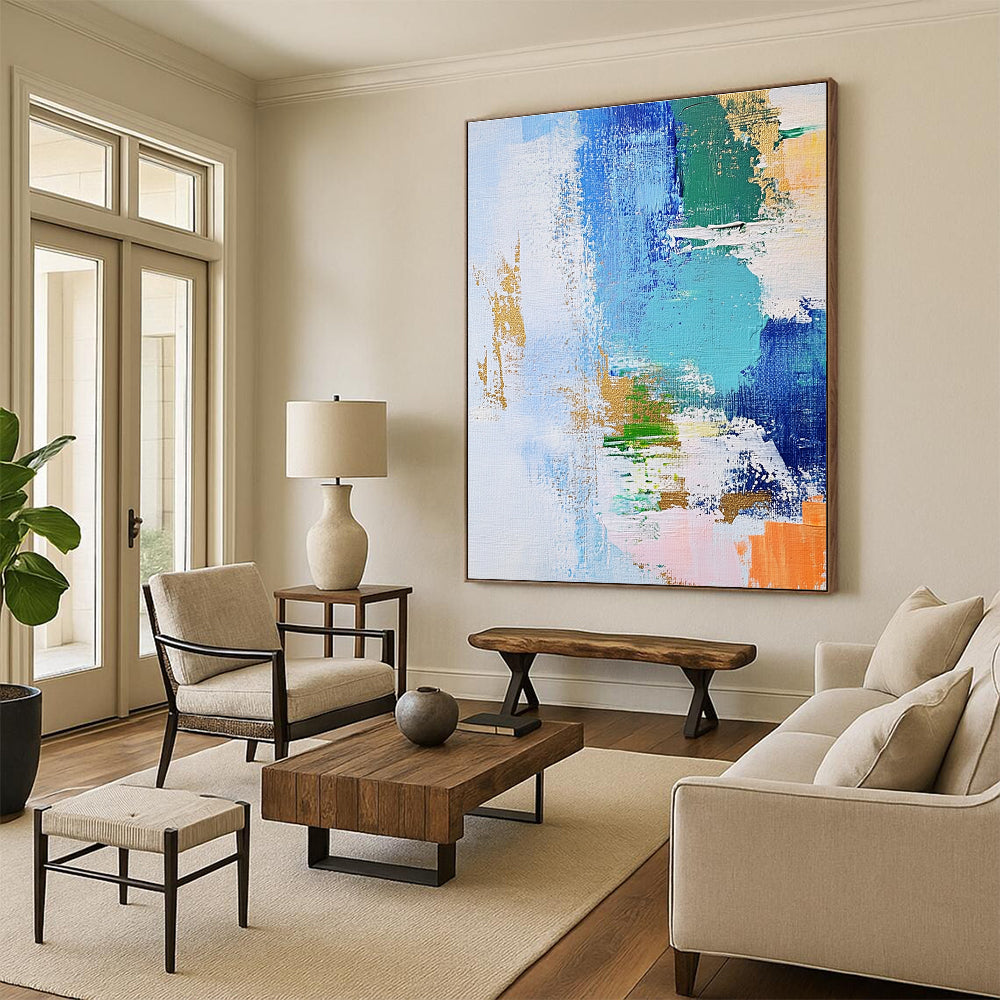 Blue Green and Gold Abstract Painting with Dynamic Brushstrokes GER616