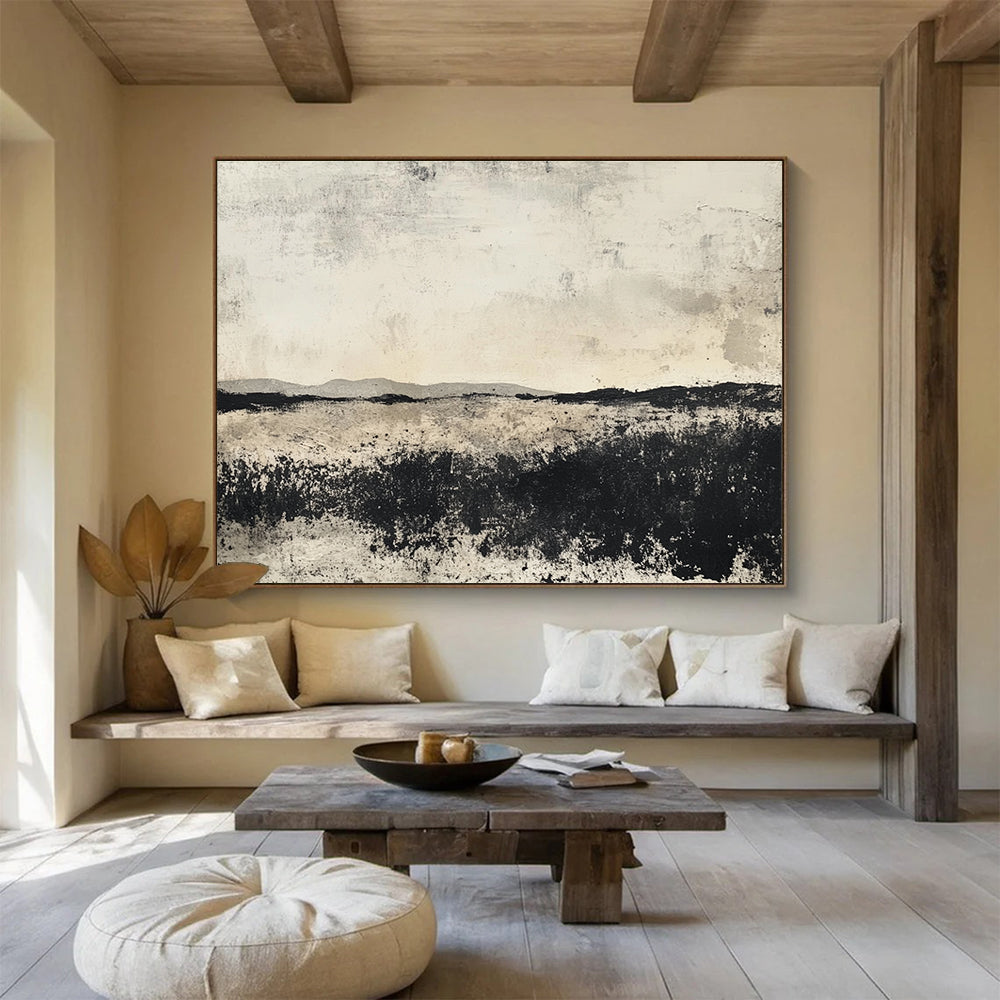 Black and White Landscape Abstract Painting with Textured Surfaces DYP176
