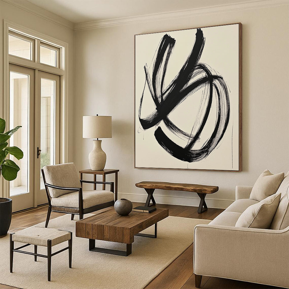 Large abstract drawing of black lines on white paper depicting an ink cloud style with a black square enhancing the minimalist energy.STSC549