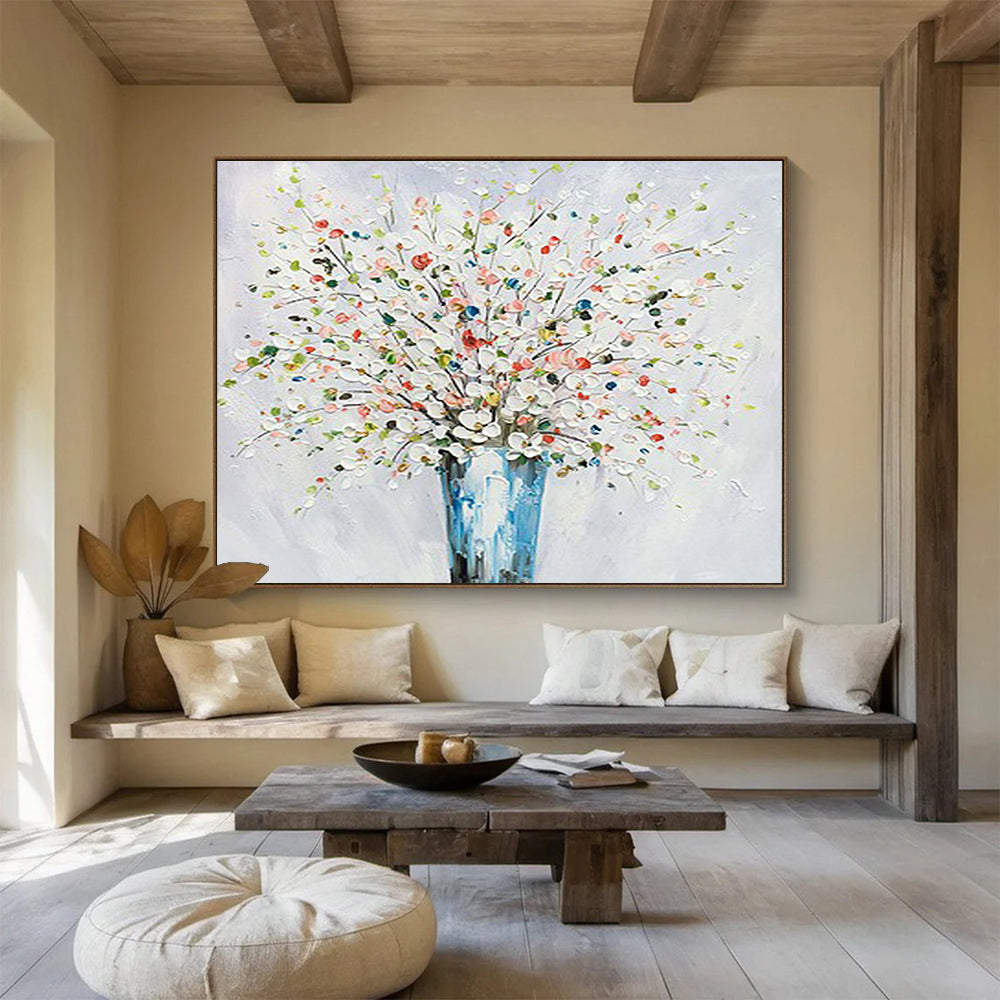 White Flower Vase Abstract Painting with Colorful Accents THY220