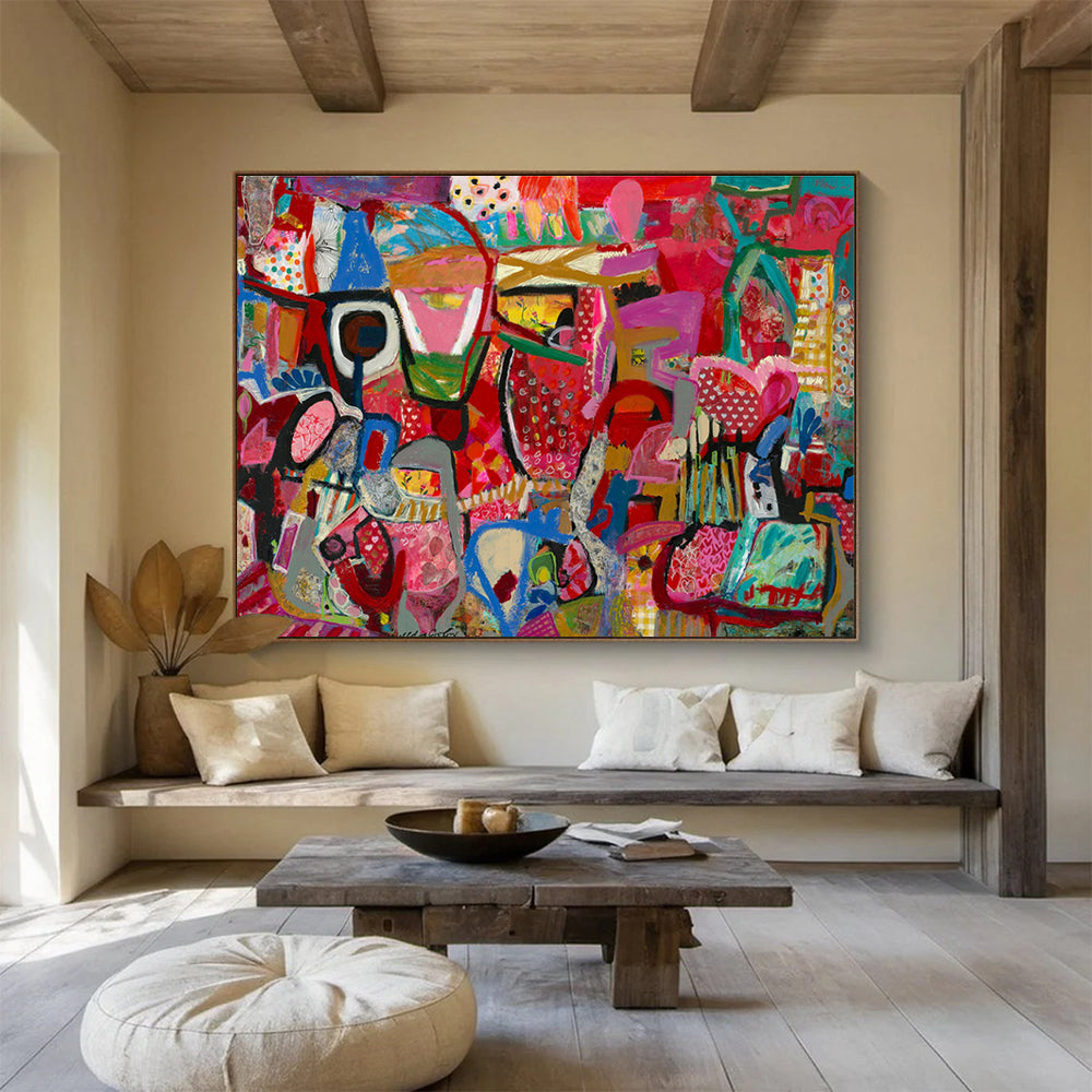 Playful Abstract Painting with Pink, Red, and Colorful Patterns THY239
