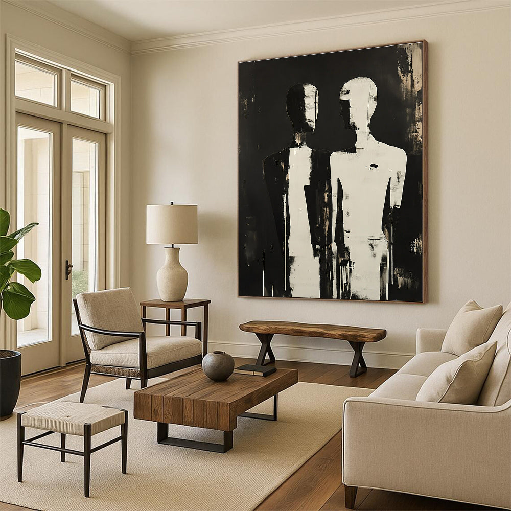 A large abstract painting featuring two silhouetted figures with elongated and featureless heads, evoking mystery and emotional connection against a dark backdrop.STSC908