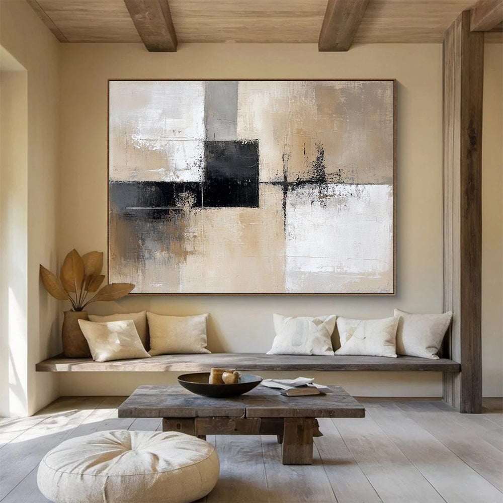Neutral Geometric Abstract Painting with Beige and Black Tones DYP527