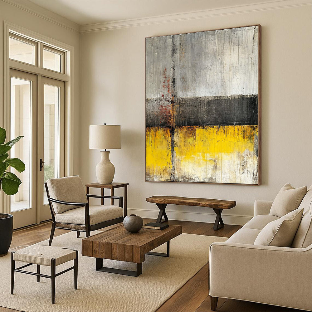 Gray Yellow and Red Abstract Painting with Industrial Vibes GER422