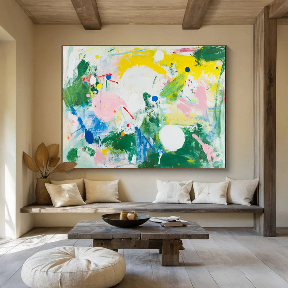 Colorful Abstract Painting with Dots and Shapes in Green Yellow Pink DYP390