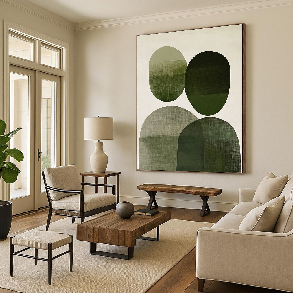 Large abstract painting with overlapping green and gray circles on off-white evoking connection and tranquility, ideal for home decor.STSC1083