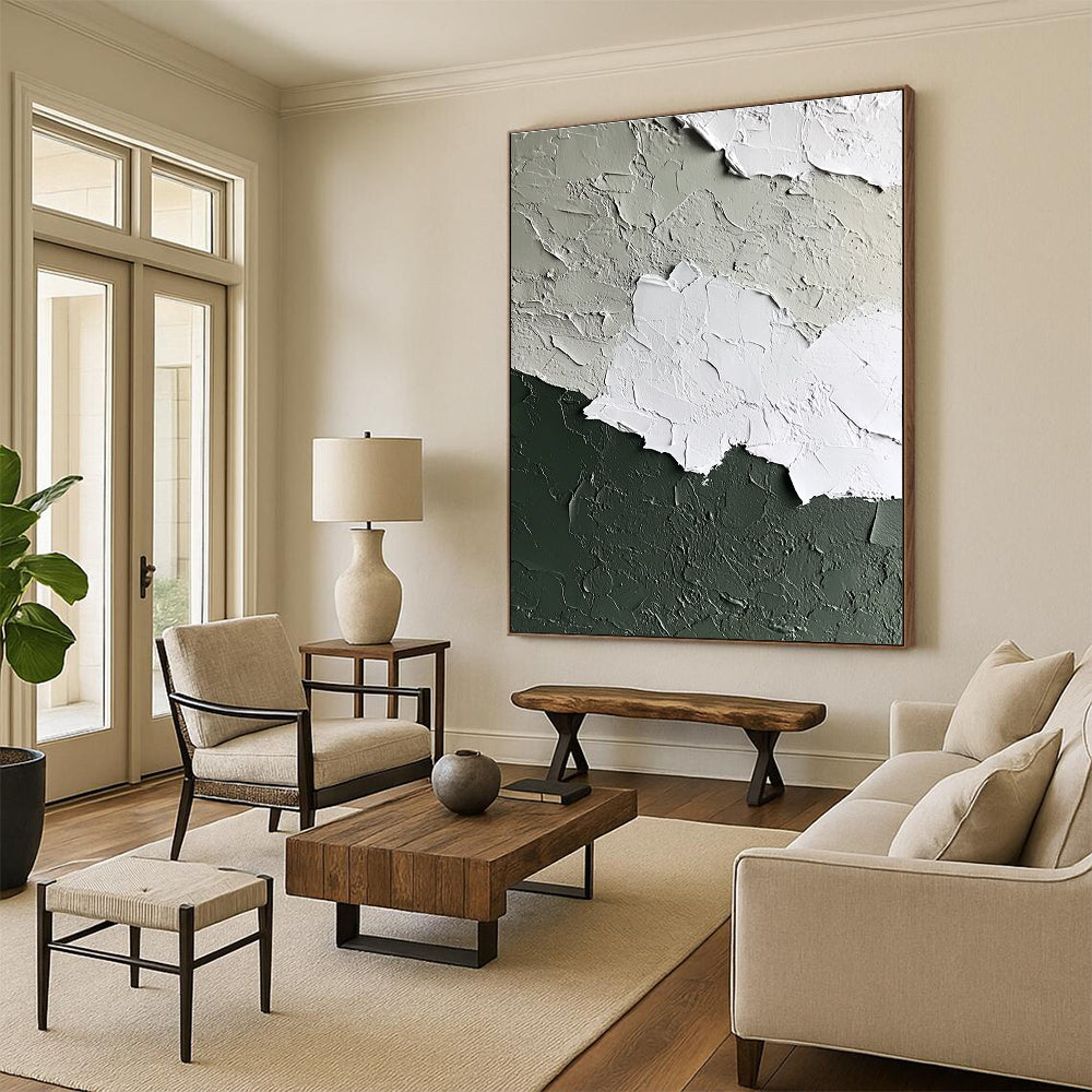 Abstract wall art in a white and sage green palette featuring a textured paint finish for a contemporary and elegant aesthetic.STSC132