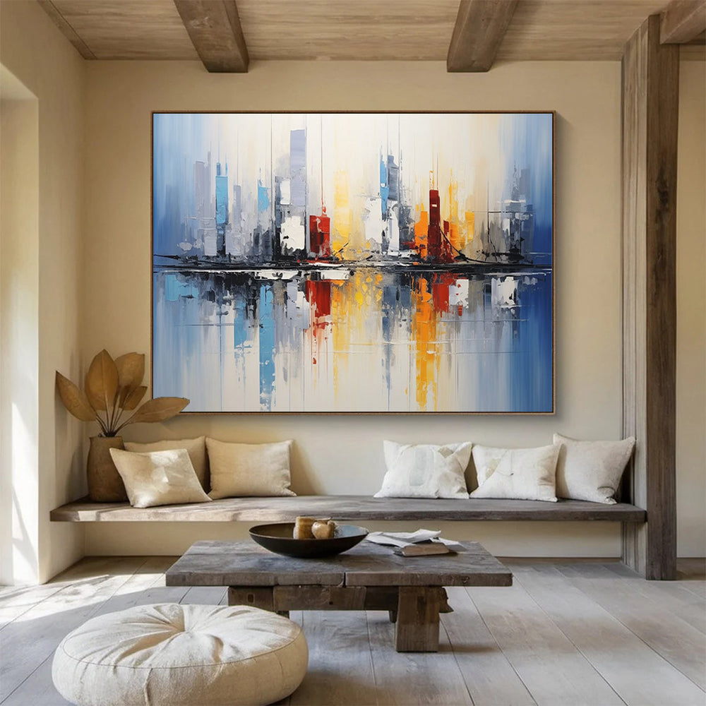 Cityscape Reflection Abstract Painting with Blue, Red, and Yellow Tones THY170