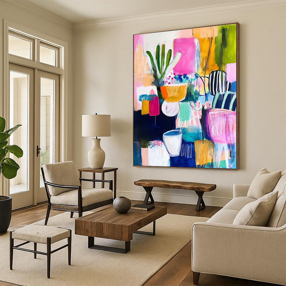 Large abstract painting with vibrant colors and bold brush strokes reflecting joyous celebration and energetic vibes in a dynamic composition.STSC1223