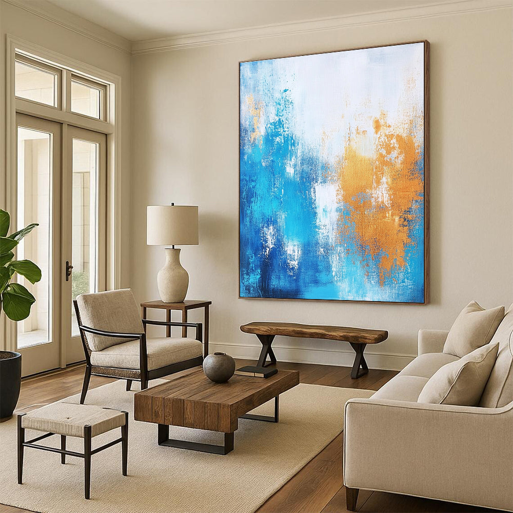 Light Blue and Gold Abstract Painting with Airy Layers GER383