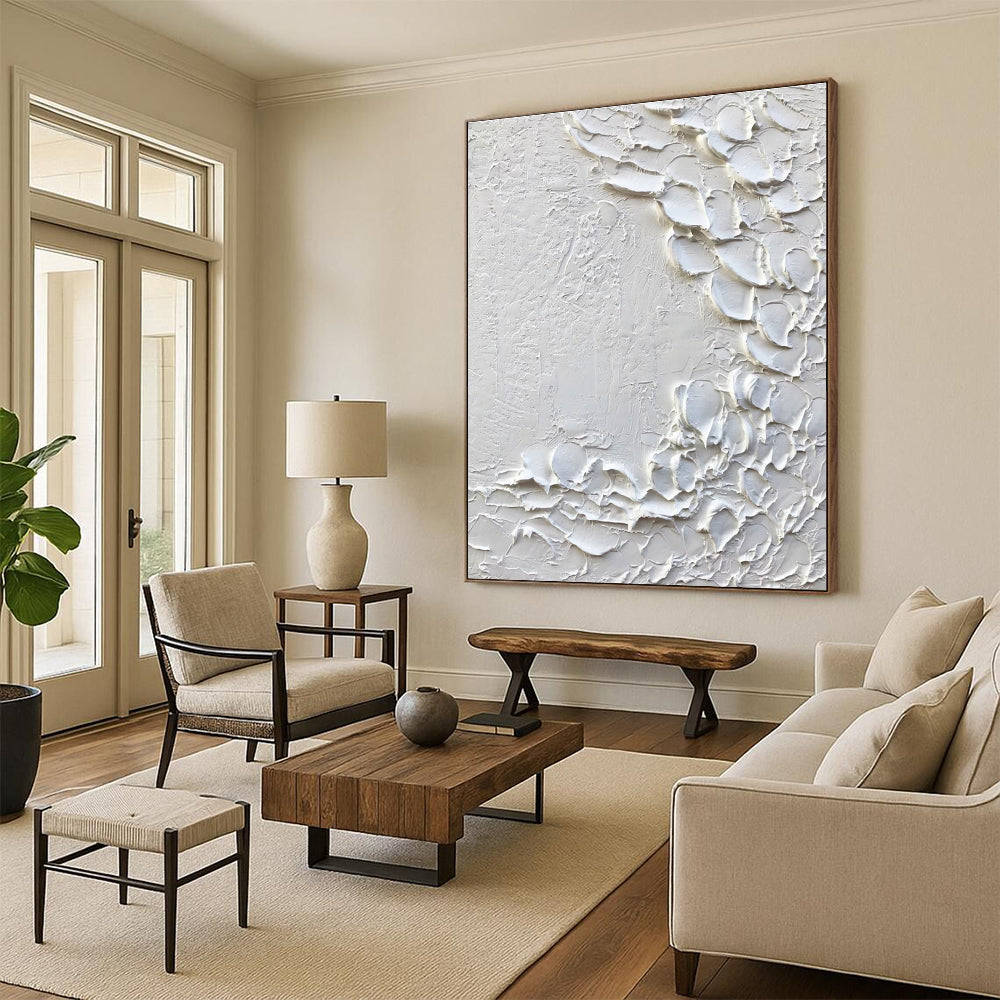 White Textured Minimalist Abstract Painting with Organic Shapes ADGE373