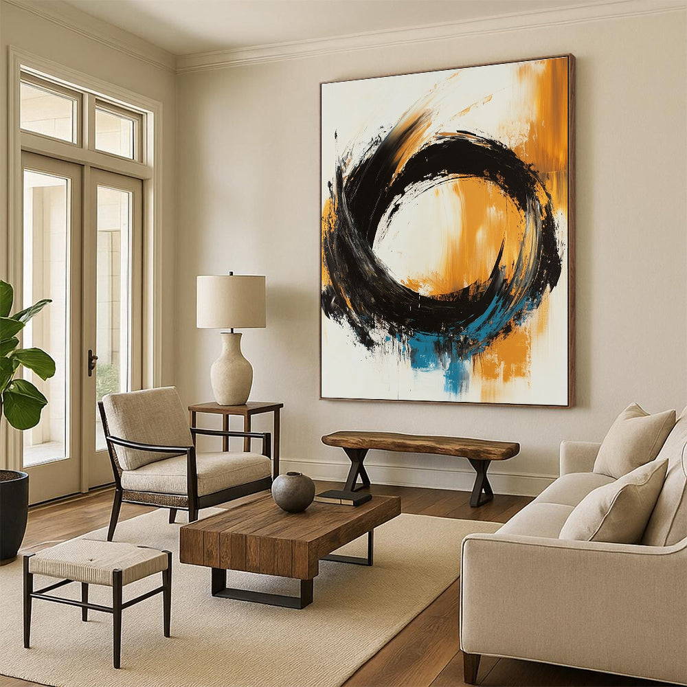 Black Orange Blue Abstract Painting with Dynamic Swirls GER767