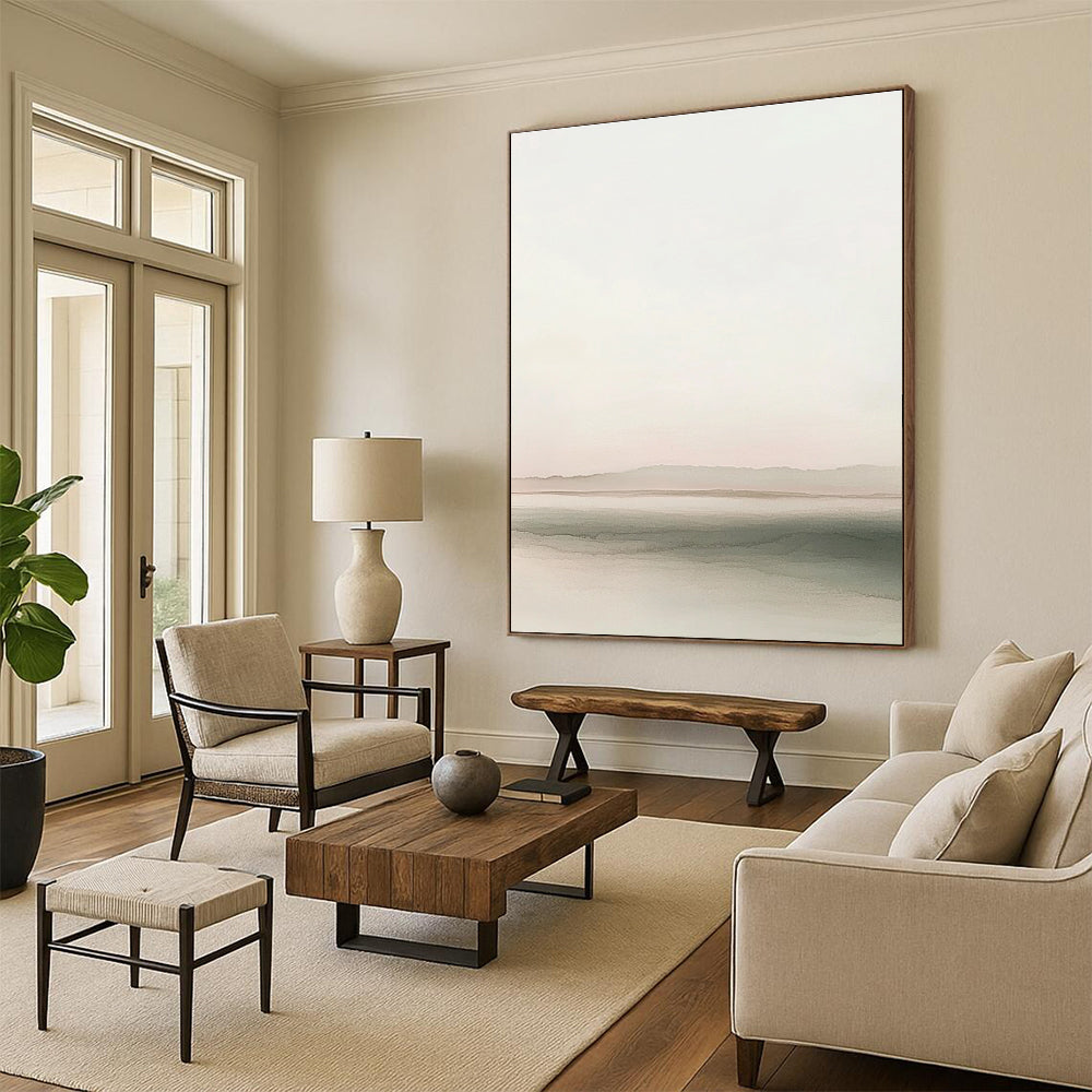 Large abstract painting featuring a soft horizon blending gray to pink with calming waves and distant hills ideal for text or design elements.STSC1242