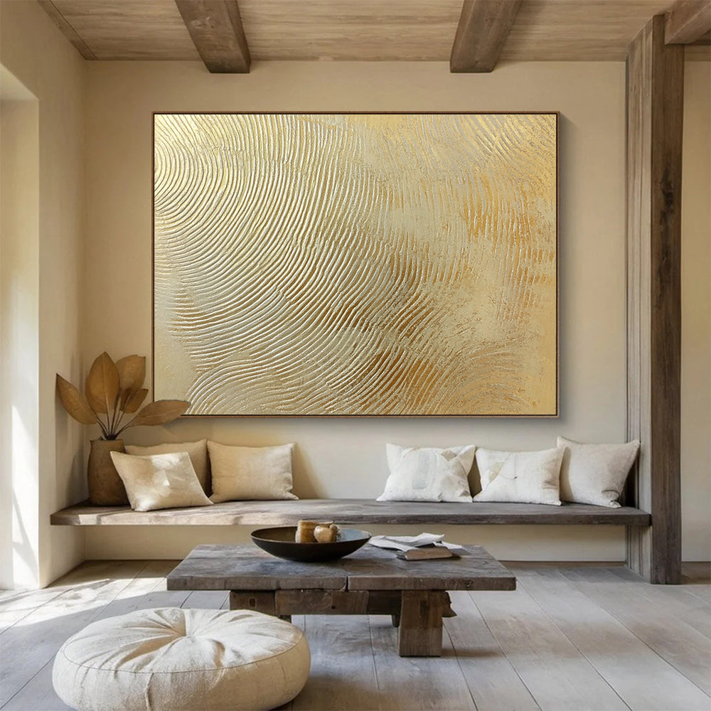 This large abstract painting features intricate wavy lines in gold and silver, creating a textured depth that enhances visual interest for design projects.SC559