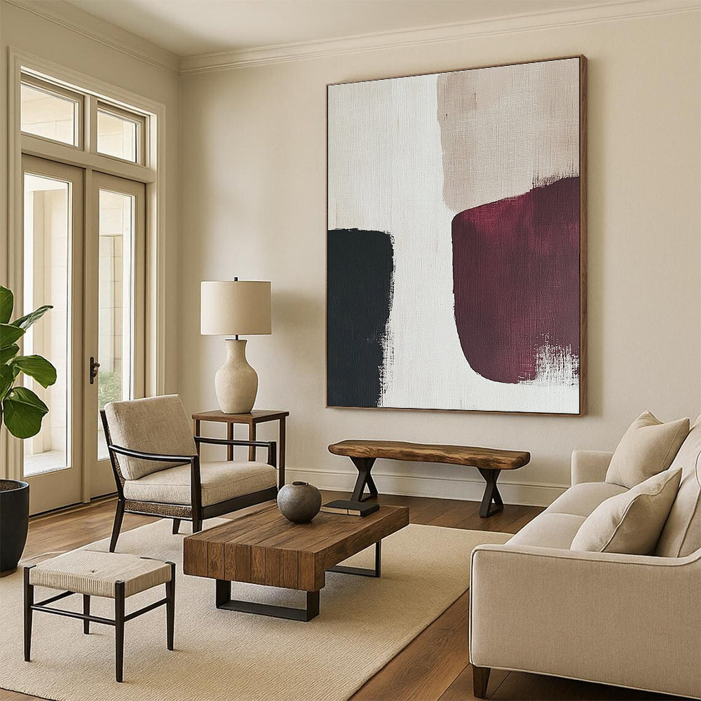 Black and Burgundy Abstract Painting with Bold Forms GER175