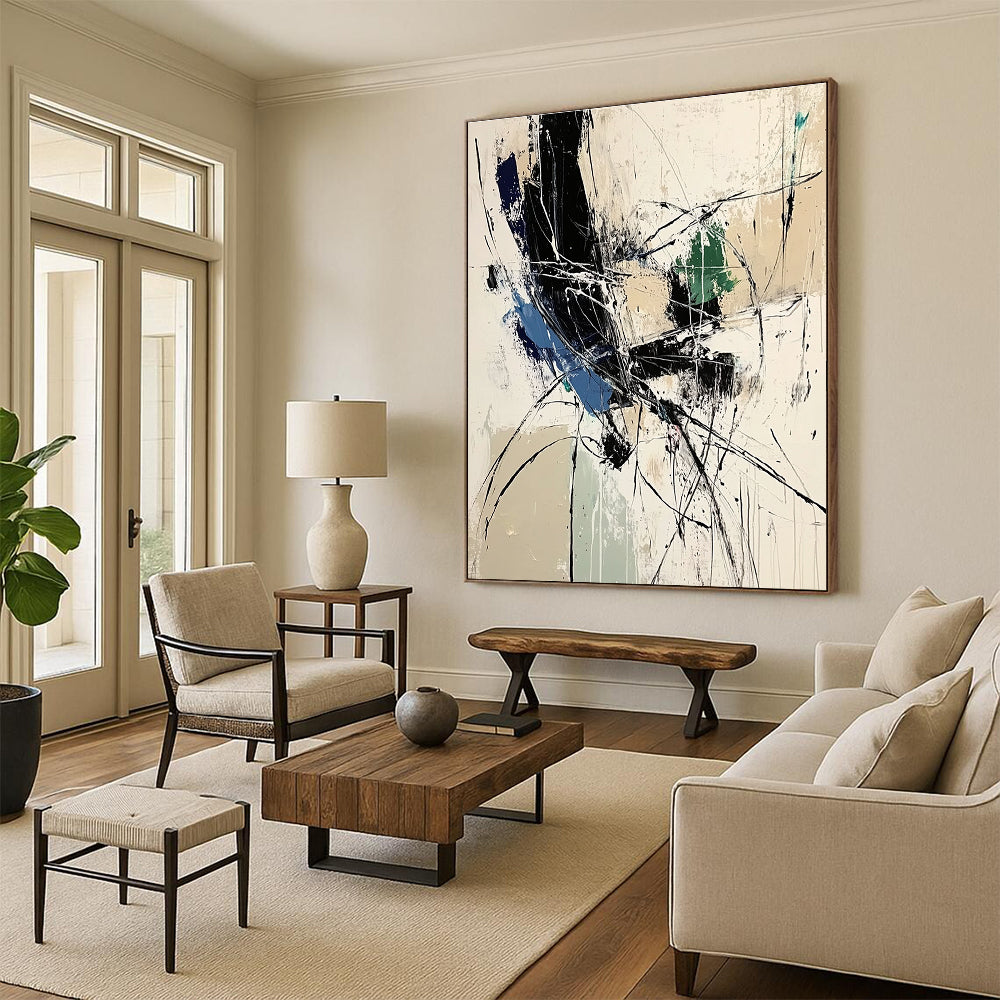 Large abstract painting featuring dynamic lines and organic shapes in white black and blue tones inspired by Zao Wou-Ki.STSC825