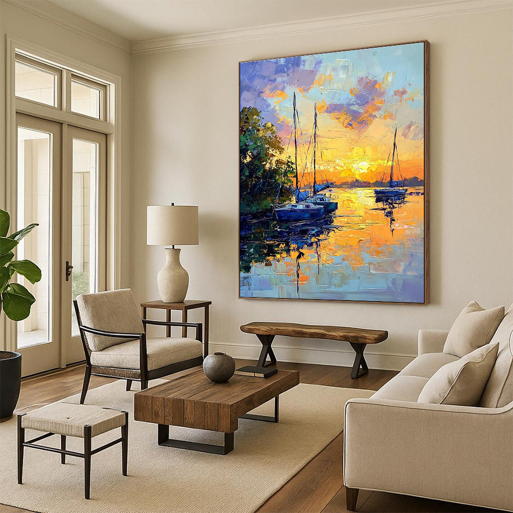 Abstract painting of sailboats at sunset with vibrant colors large brush strokes and serene reflections on the riverbank surrounded by lush greenery.STSC1394
