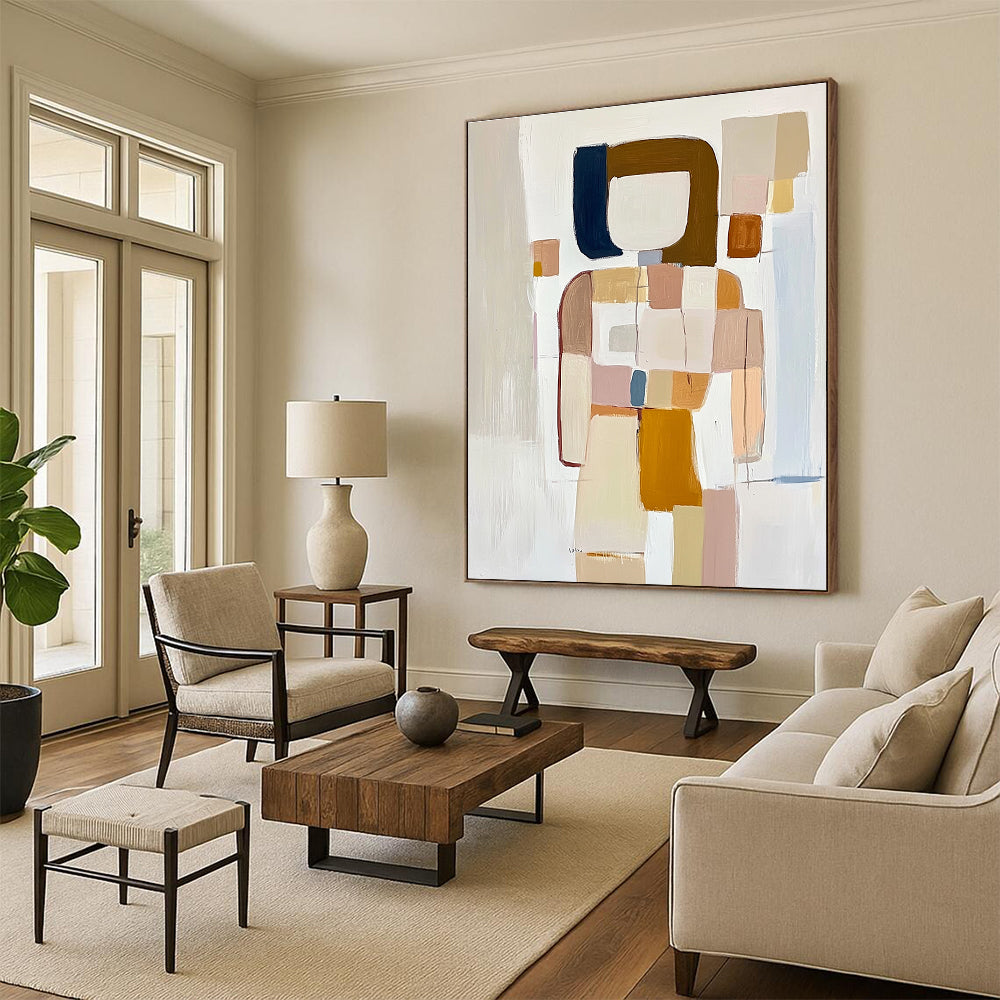 Large abstract painting featuring textured geometric shapes in pastel beige pink and blue on a soft white background creating a sense of movement and depth.STSC241