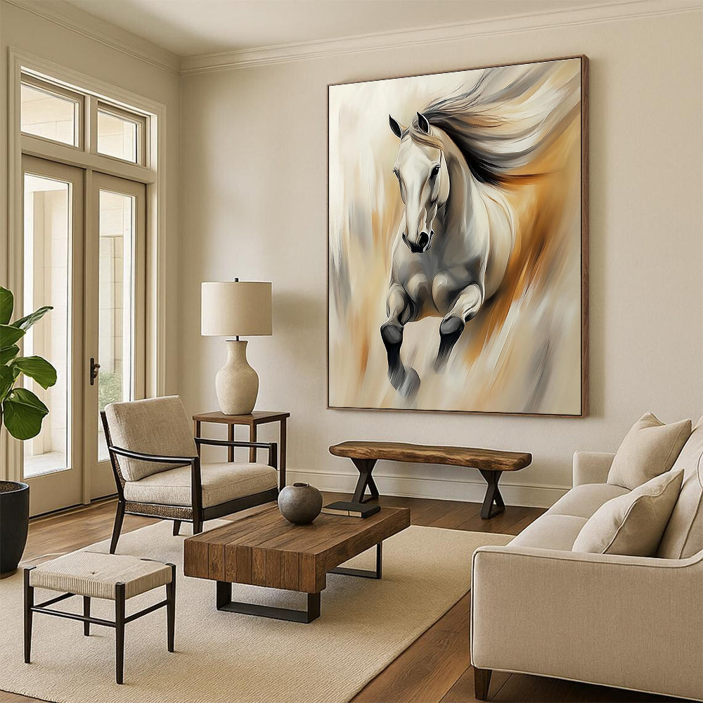 A large abstract painting of an elegant horse in soft colors featuring thick brush strokes and blurred edges with dynamic lighting effects.STSC896