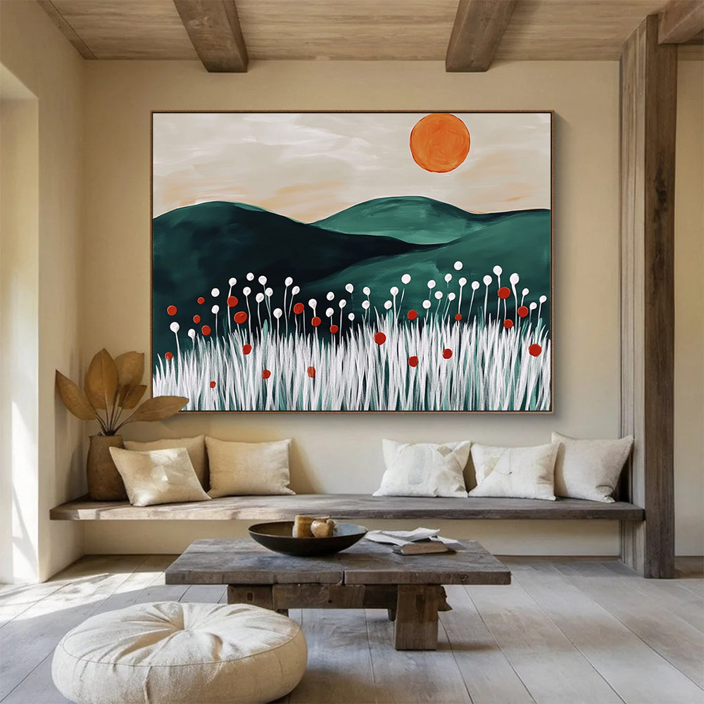 A large abstract painting featuring dark green hills white wheat stalks red flowers and an orange sun inspired by Matisse's minimalist style.SC465