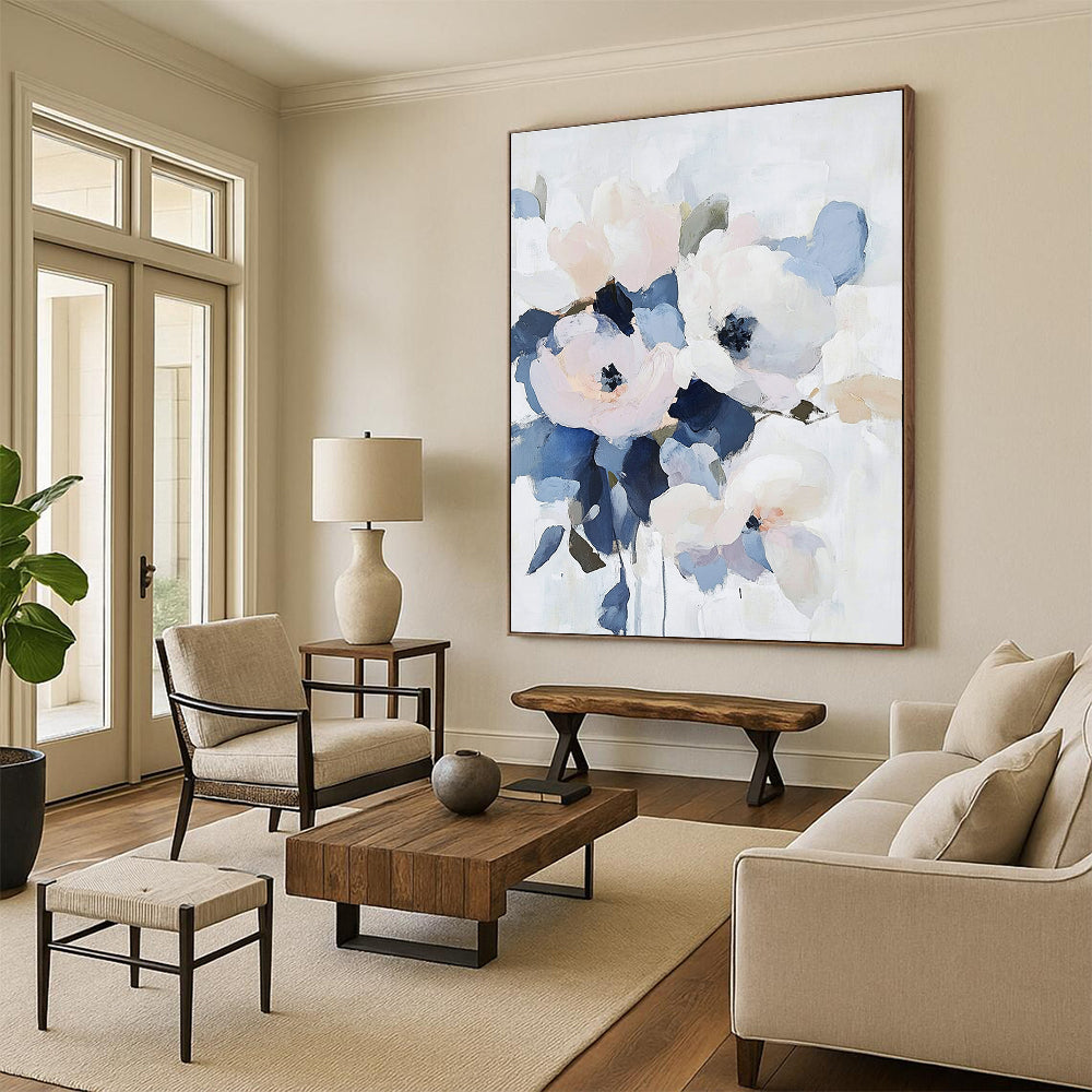 Large abstract floral painting featuring pale pastel flowers with navy and gray accents on a soft white background.STSC053