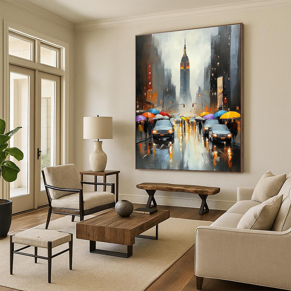 Abstract painting featuring New York City with the Empire State Building vibrant colors rain reflections and soft brush strokes capturing city life.STSC1362