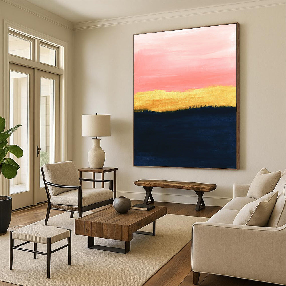 Large abstract painting with a pink sky navy blue ground and golden brown grass featuring soft pastel colors and minimalist design in oil on canvas.STSC1345