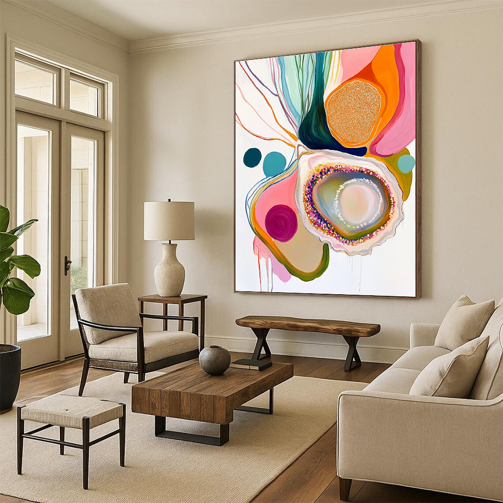 A large abstract painting featuring an oyster with glitter pastel colors on a white background surrounded by colorful organic shapes and patterns.STSC665