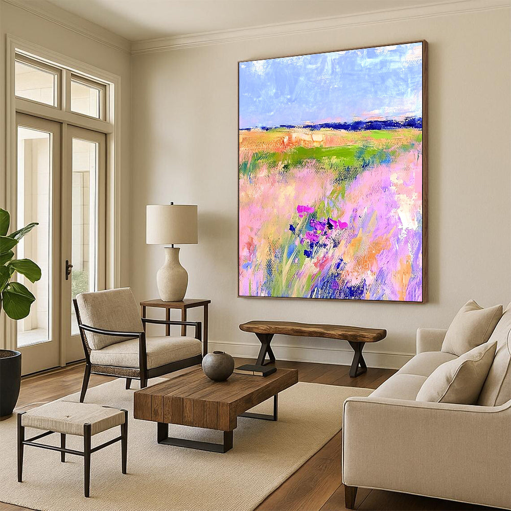 Large abstract painting in Matisse style with pastel hues vibrant colors and broad brushstrokes capturing the essence of springtime nature.STSC1018