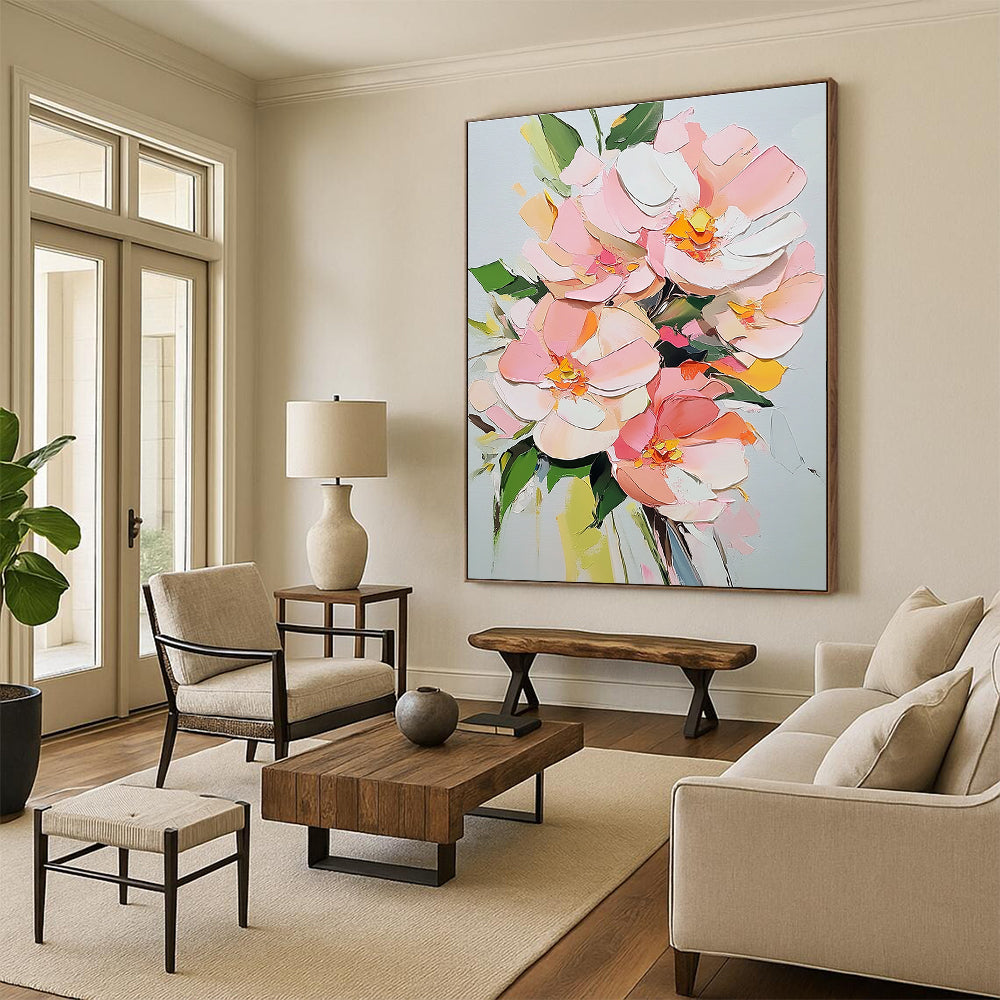 Large abstract painting featuring pink flowers and green leaves on a white background created with acrylic techniques.STSC1412