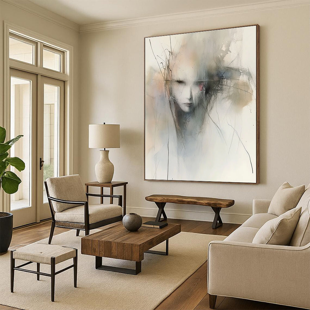 Large abstract watercolor painting featuring atmospheric muted tones and emotional gestures inspired by Peter Wileman and Cecily Brown.STSC840
