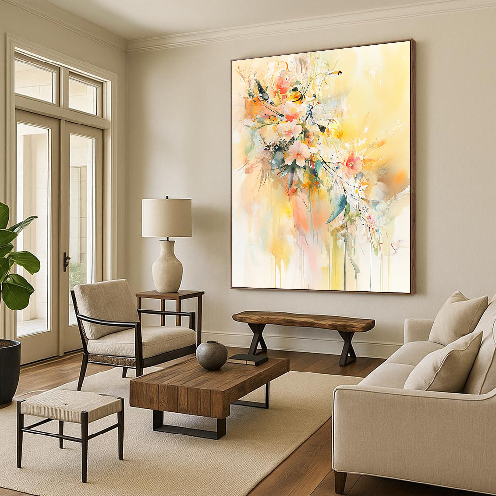 Large abstract watercolor painting featuring flowers and leaves with delicate birds on a light yellow background in soft pastel tones.STSC501
