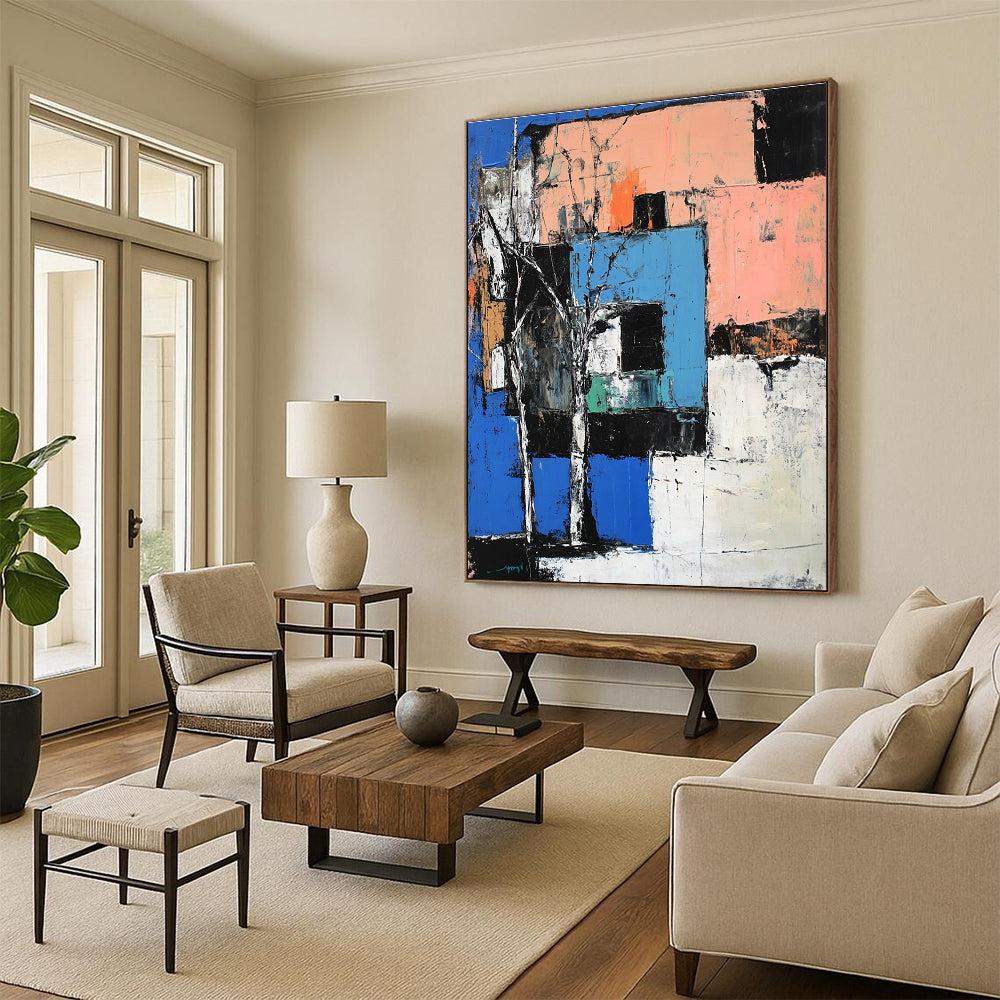 Large abstract painting of a building in blue peach and white inspired by expressive styles of John Marin and Richard Diebenkorn.STSC1108