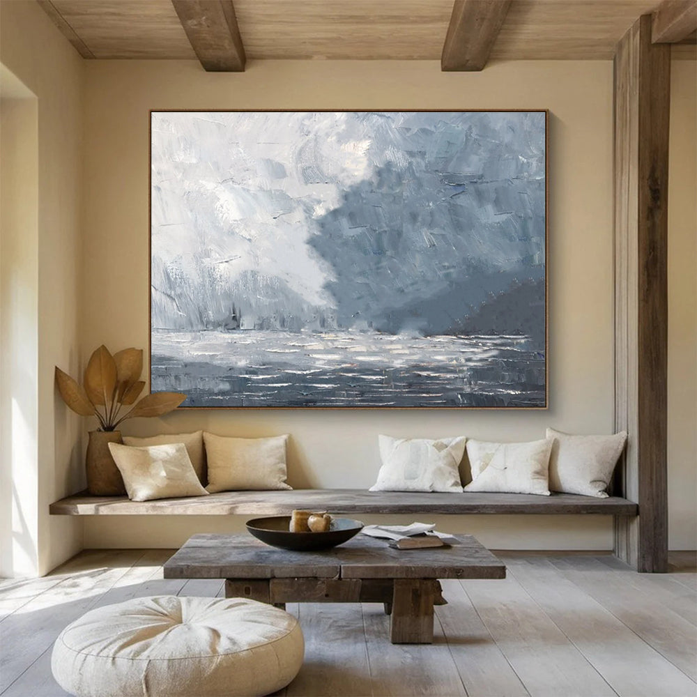 Misty Sea Abstract Painting with Gray and White Tones THY317