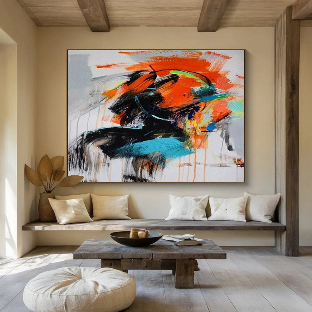 Energetic Color Splash Abstract Painting with Orange, Blue, and More THY287