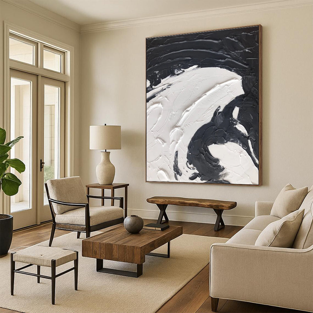 Black and White Swirl - Textured Abstract Painting with Bold Strokes ADGE393