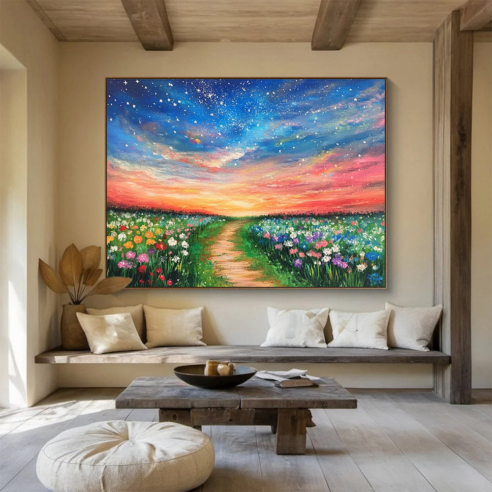 Colorful Floral Path Abstract Painting with Vibrant Sunset Hues DYP555