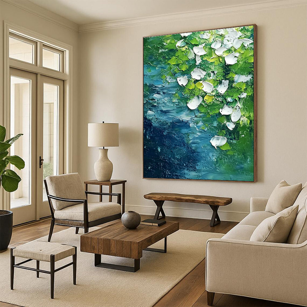 Abstract painting featuring white flowers and flowing water in vibrant green and blue tones capturing the essence of springtime on the riverbank.STSC1477