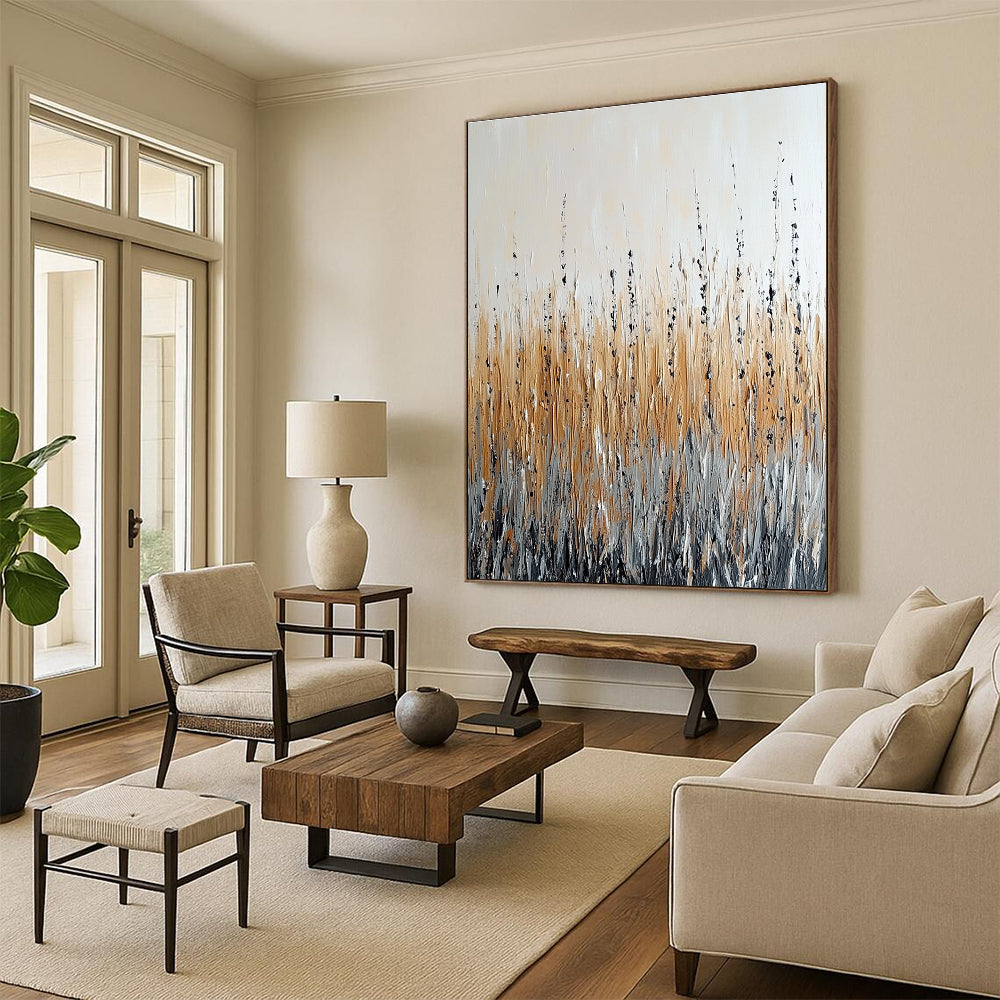 Large abstract painting depicting a field with tall grass in beige and grey tones featuring black accents and a rain effect on a white background.STSC284