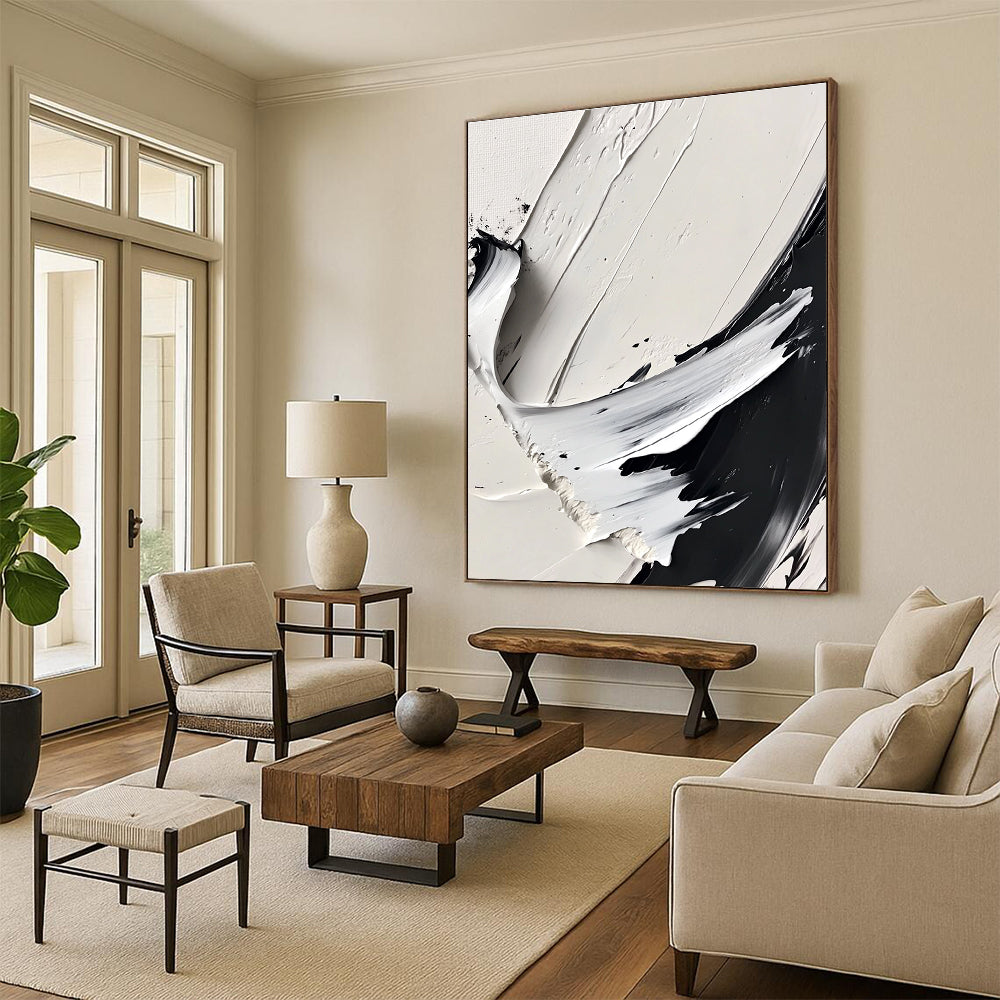 Large abstract painting featuring dynamic brush strokes in monochrome, high contrast, sharp edges, and soft blurred areas creating depth and texture.STSC507