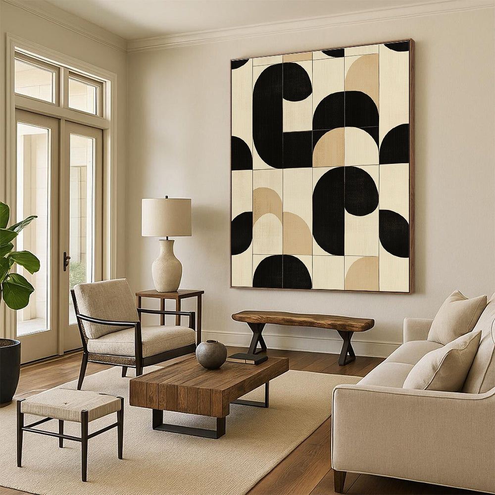Large abstract painting featuring modern black white and beige circles and squares perfect for contemporary decor.STSC1102