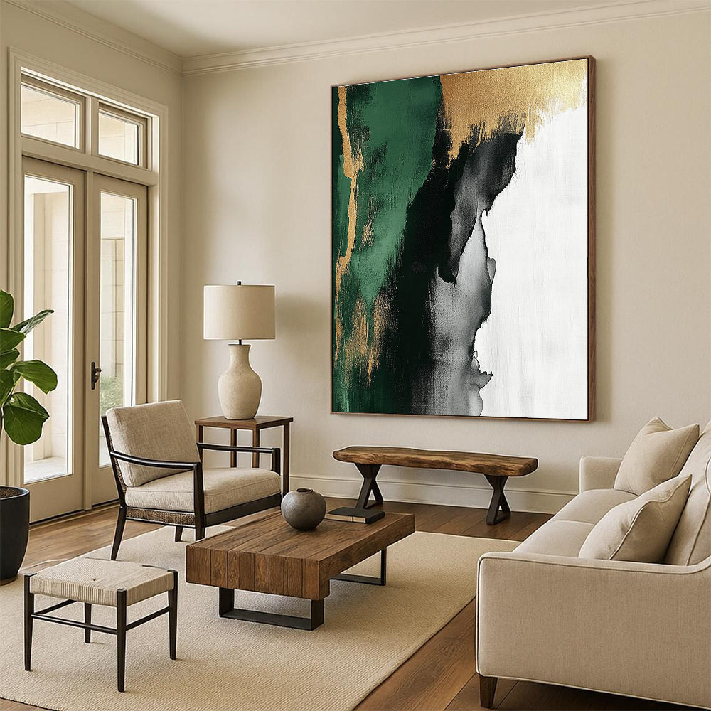 Green Gold Gray and White Abstract Painting with Flowing Textures GER633