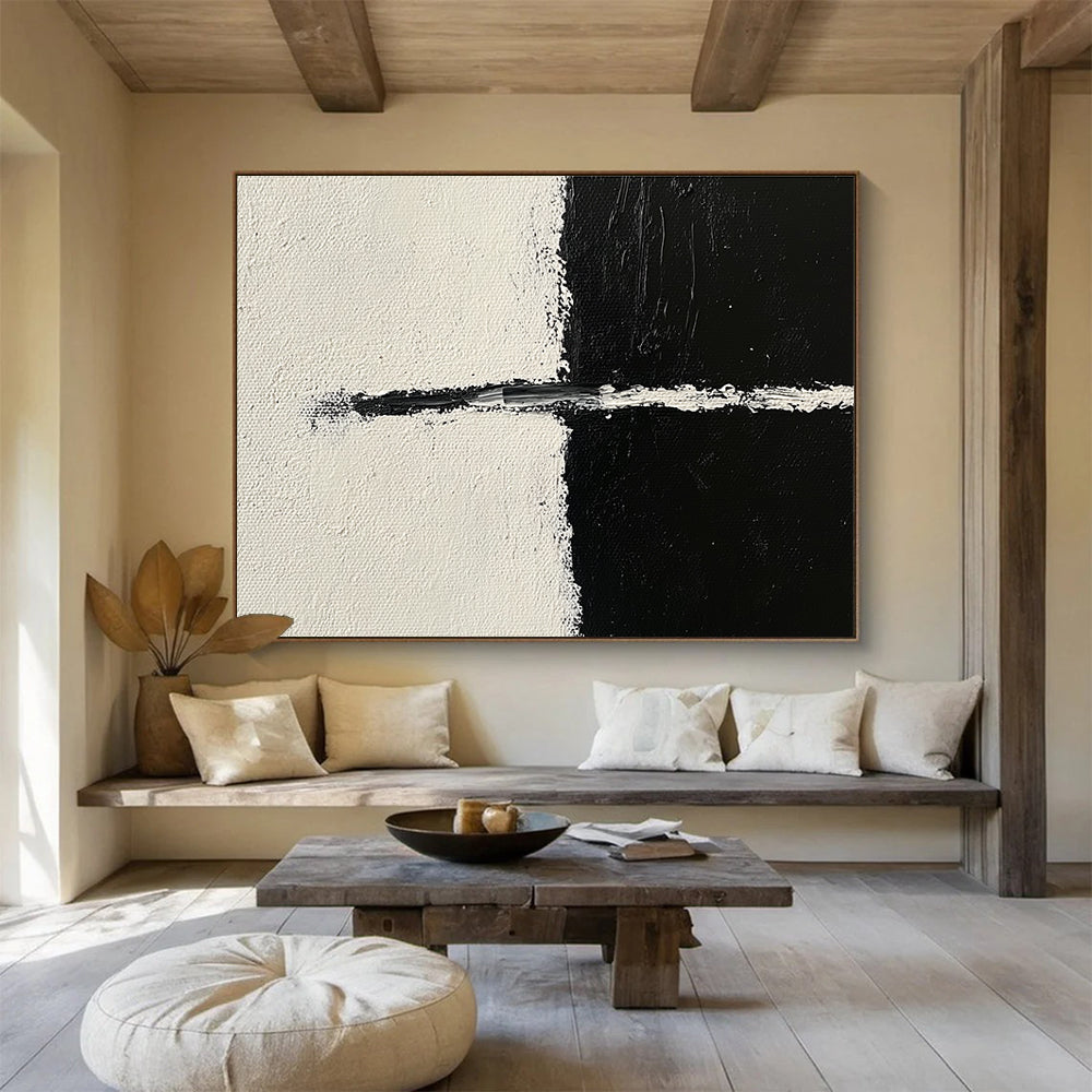 Large abstract painting in black and white featuring simple lines with an arc and bold brush strokes in the upper left corner.SC141