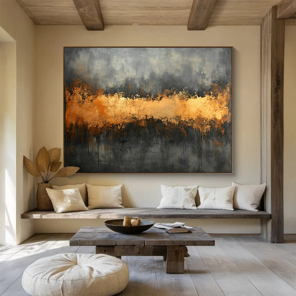 Gray and Gold Abstract Painting with Dripping Textures DYP305
