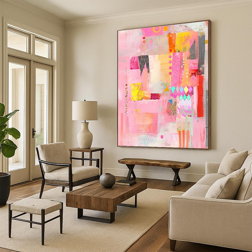Pink and Colorful Mixed Media Abstract Collage Painting GER200