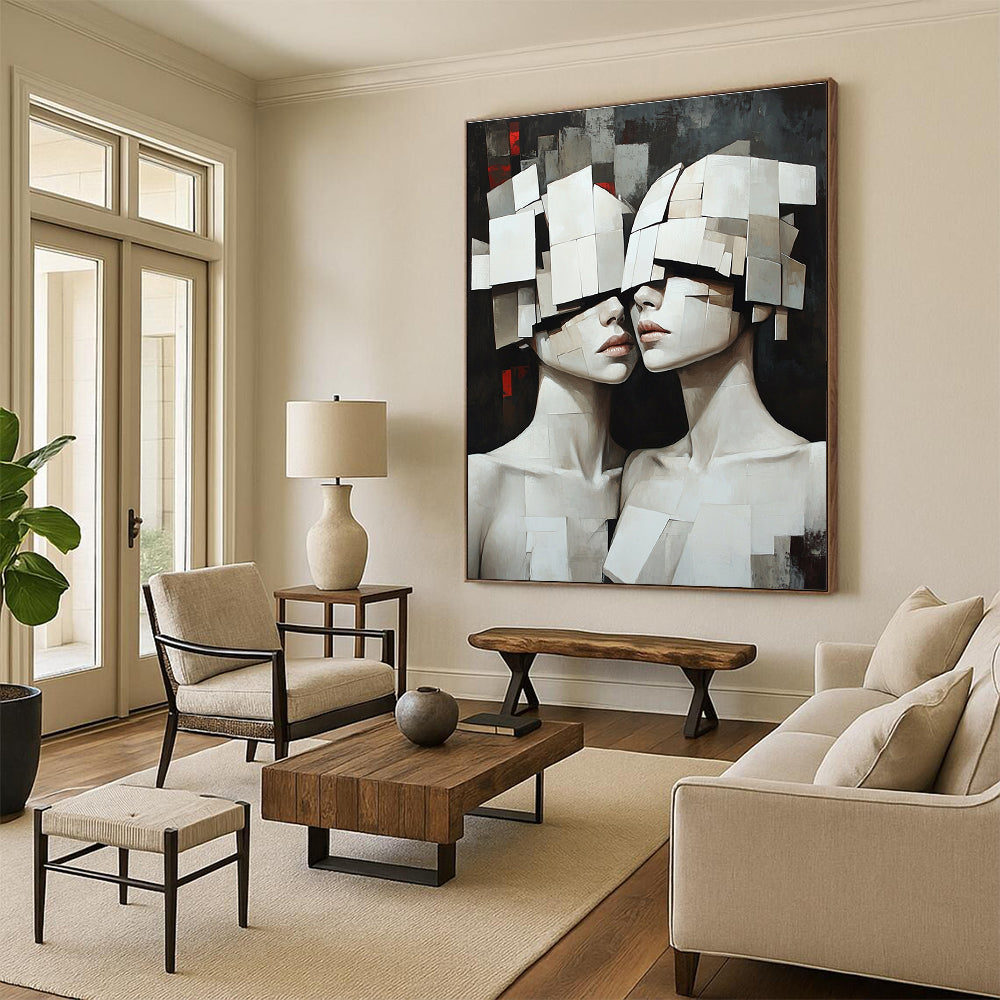 Large abstract oil painting featuring two white humanoid female figures with obscured faces against a dark background, evoking mystery and intrigue.STSC1455