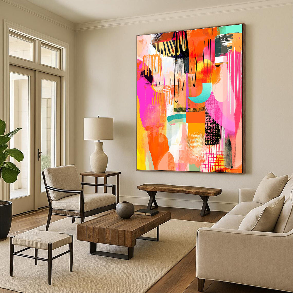 Large abstract art featuring pink orange yellow and white shapes with whimsical patterns bold lines and hand-drawn textures in a vibrant warm color palette.STSC046